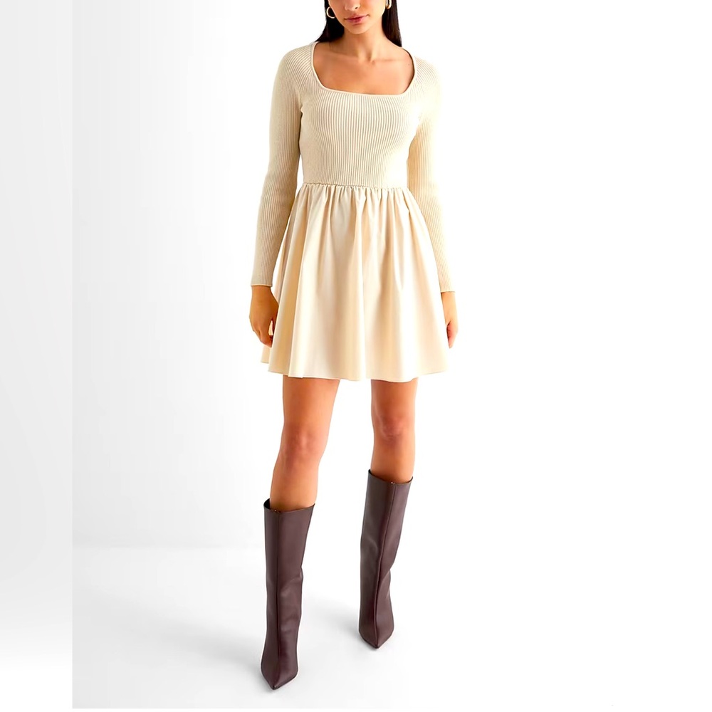 Express | Ribbed Square Neck Poplin Mini Fit and Flare Dresss